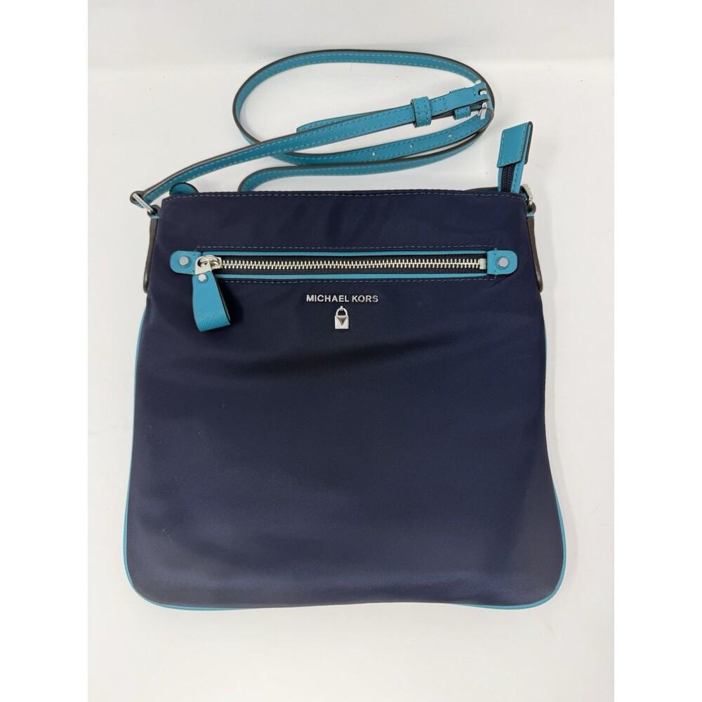 Michael Kors Navy Blue Nylon Crossbody Bag Turquoise Trim Adjustable Strap